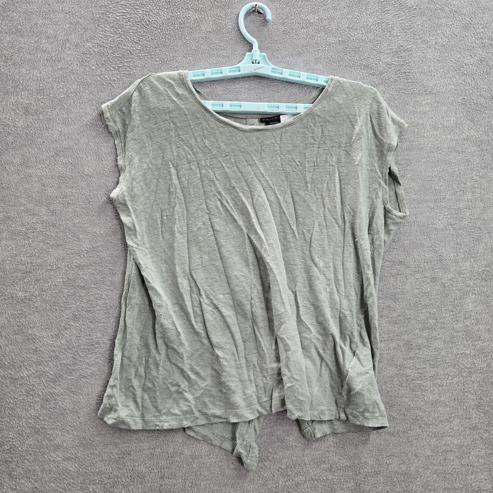 Tahari Women Button Up‎ Shirt L Sage Green Linen Crew Neck Front